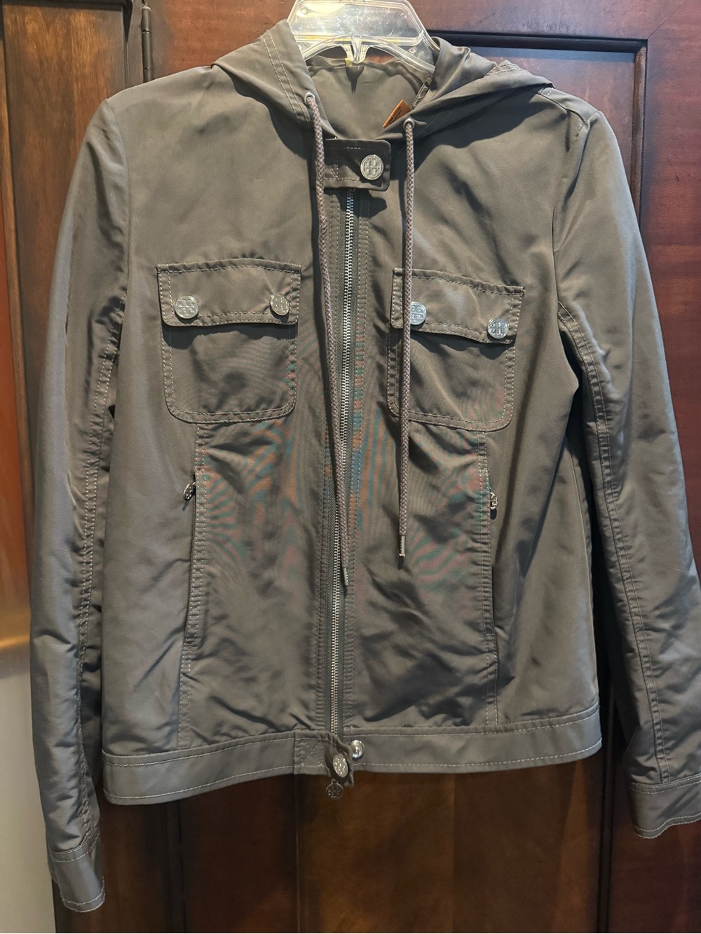 Tory Burch Rare Gray Hooded Rain Jacket - size 8